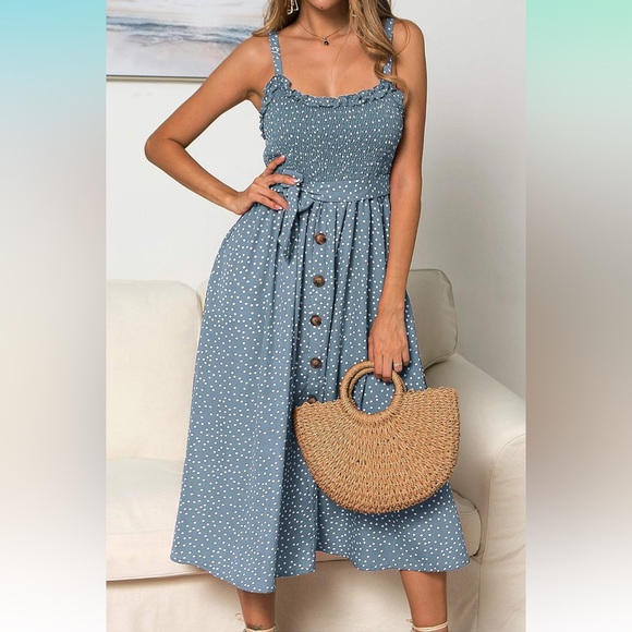 LOMON Boho Ruffle Sleeveless Adjustable Straps Swing Midi Sundress - Picture 5 of 12